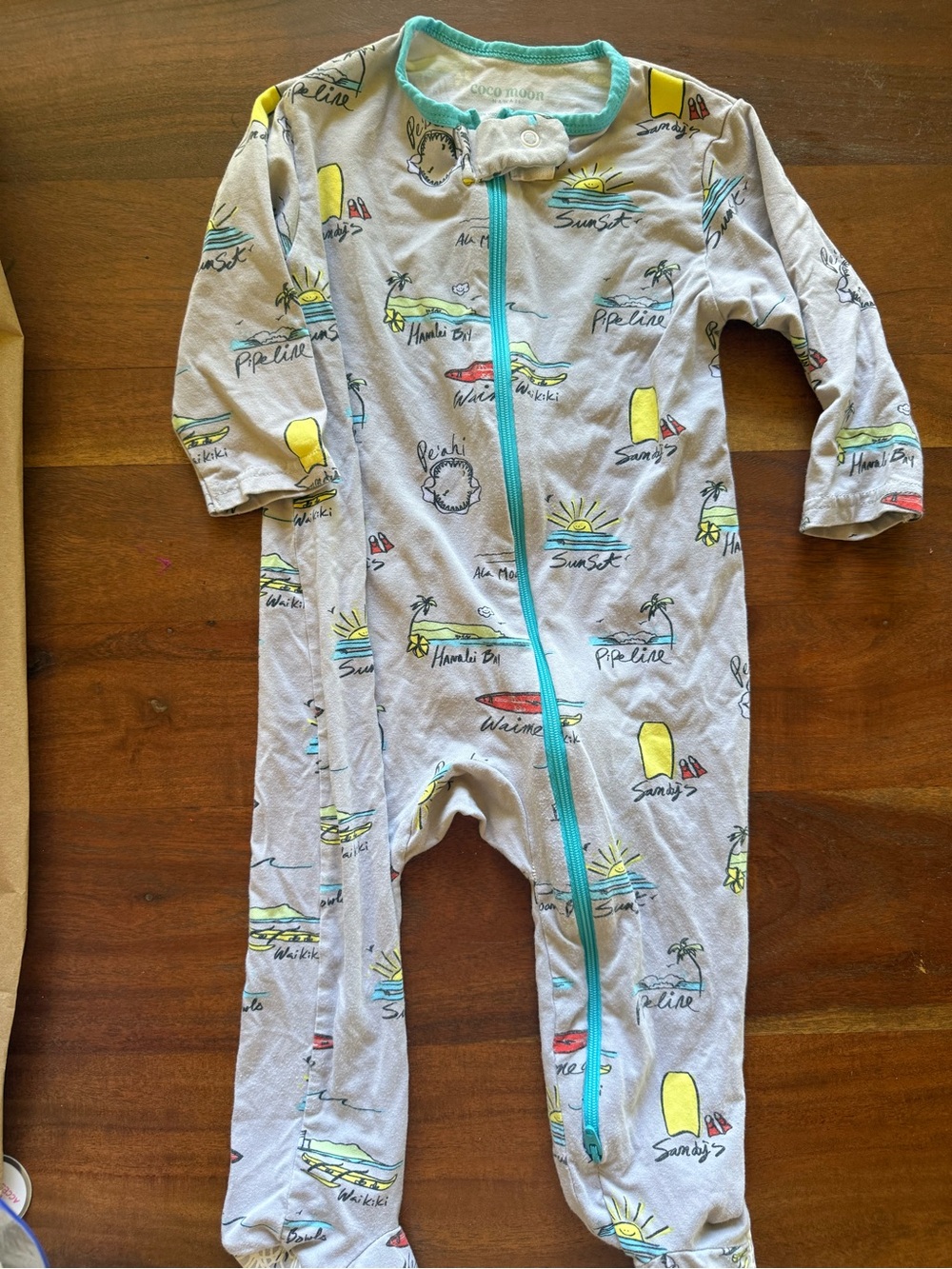 Toddler White Sunset Print Footed Pajamas with Teal Trim